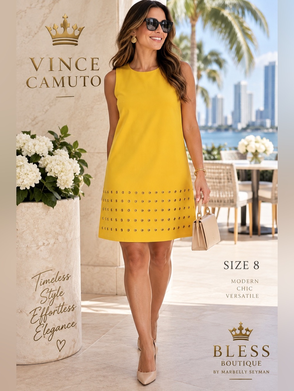 Vince Camuto Yellow Gold Grommet Shift Dress Sleeveless Size 8